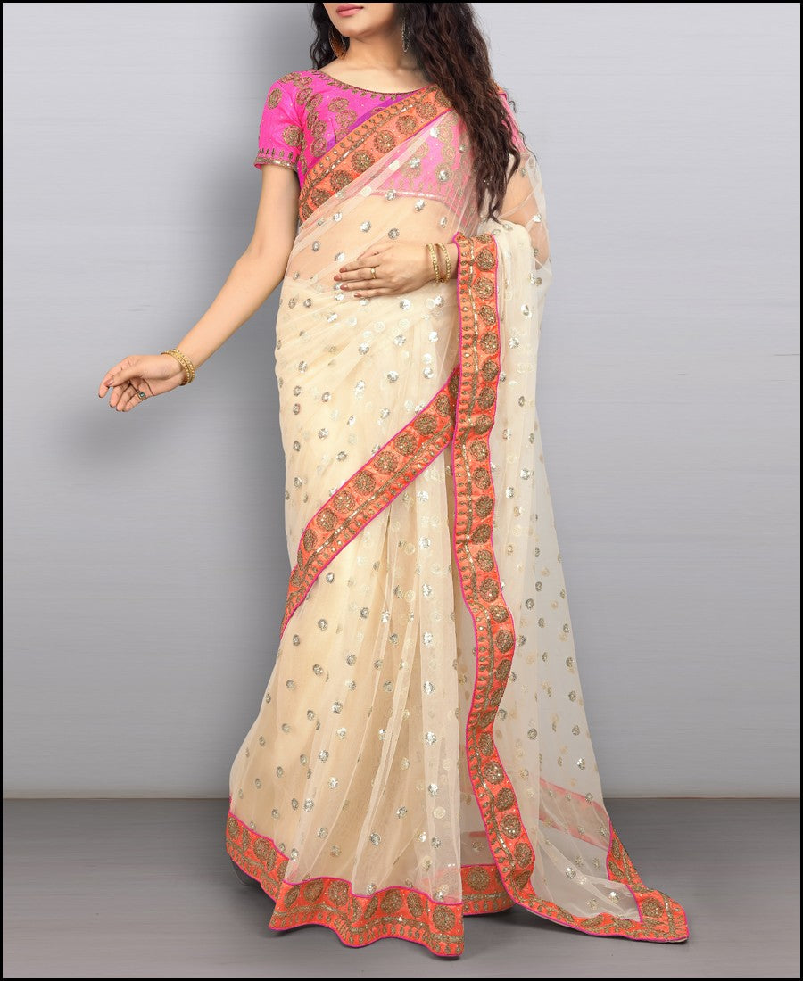 VF - Vani Beige Net Diamond Thread Work Saree