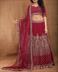 VF - Bridal Red blumming faux georgette jari embroidered lehenga