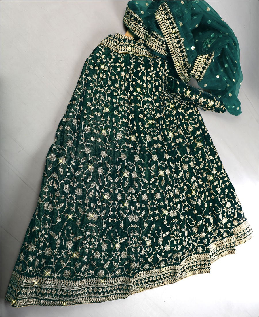 RE - Bottle Green Colored Designer Velvet Lehenga Choli