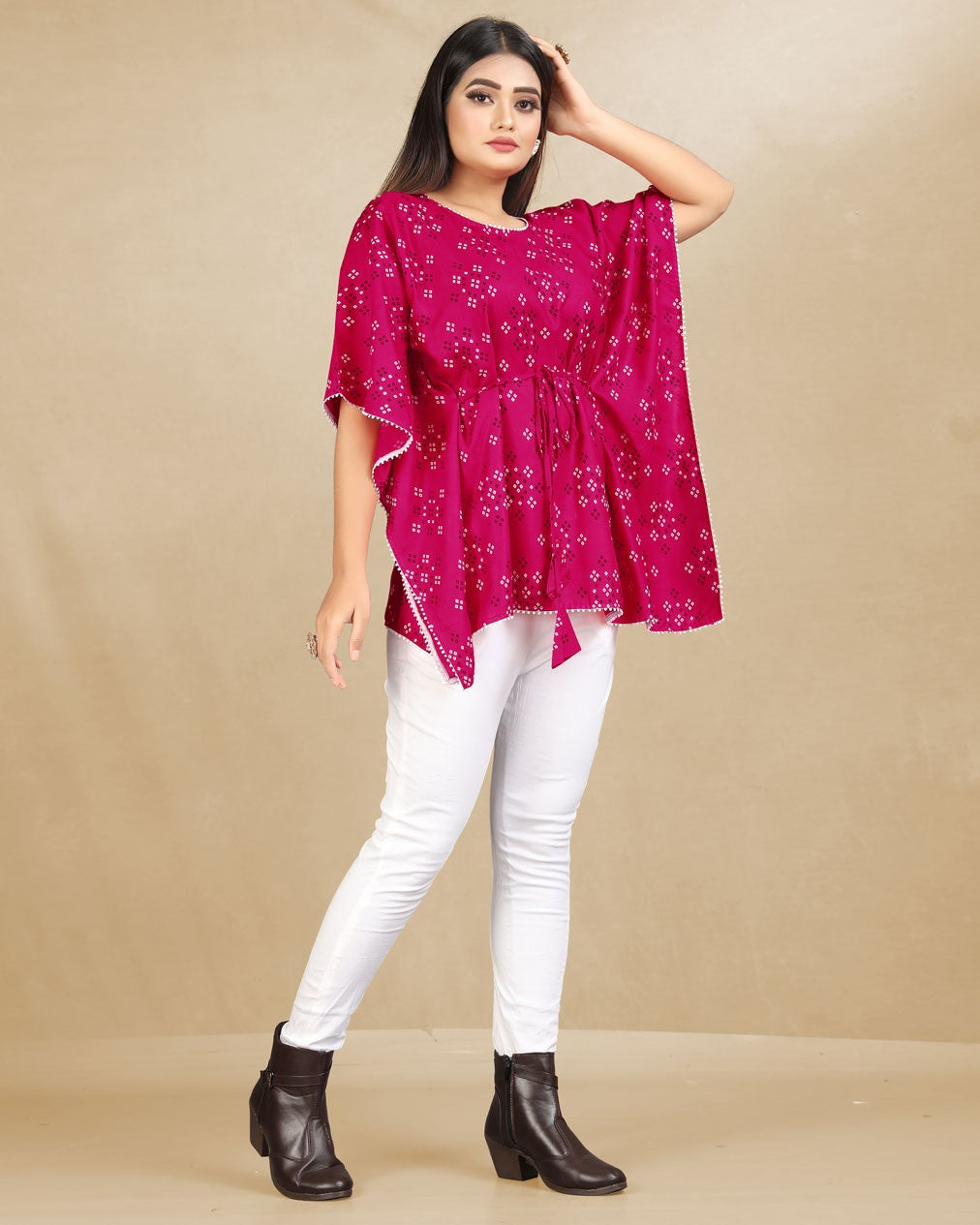 Bandhani Print Pink cotton Kaftan dress