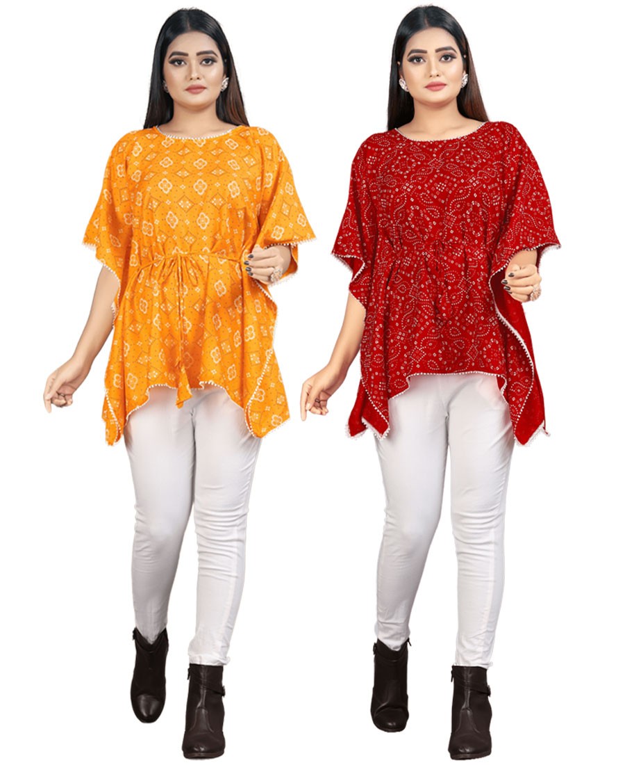 Combo of 2 Bandhani cotton Kaftan dress(Yellow and Red)