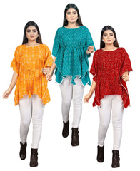 Combo of 3 Bandhani cotton Kaftan dress(Yellow , Firozi and Red)