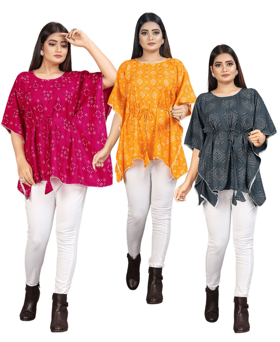 Combo of 3 Bandhani cotton Kaftan dress (Pink, Yellow and Grey)
