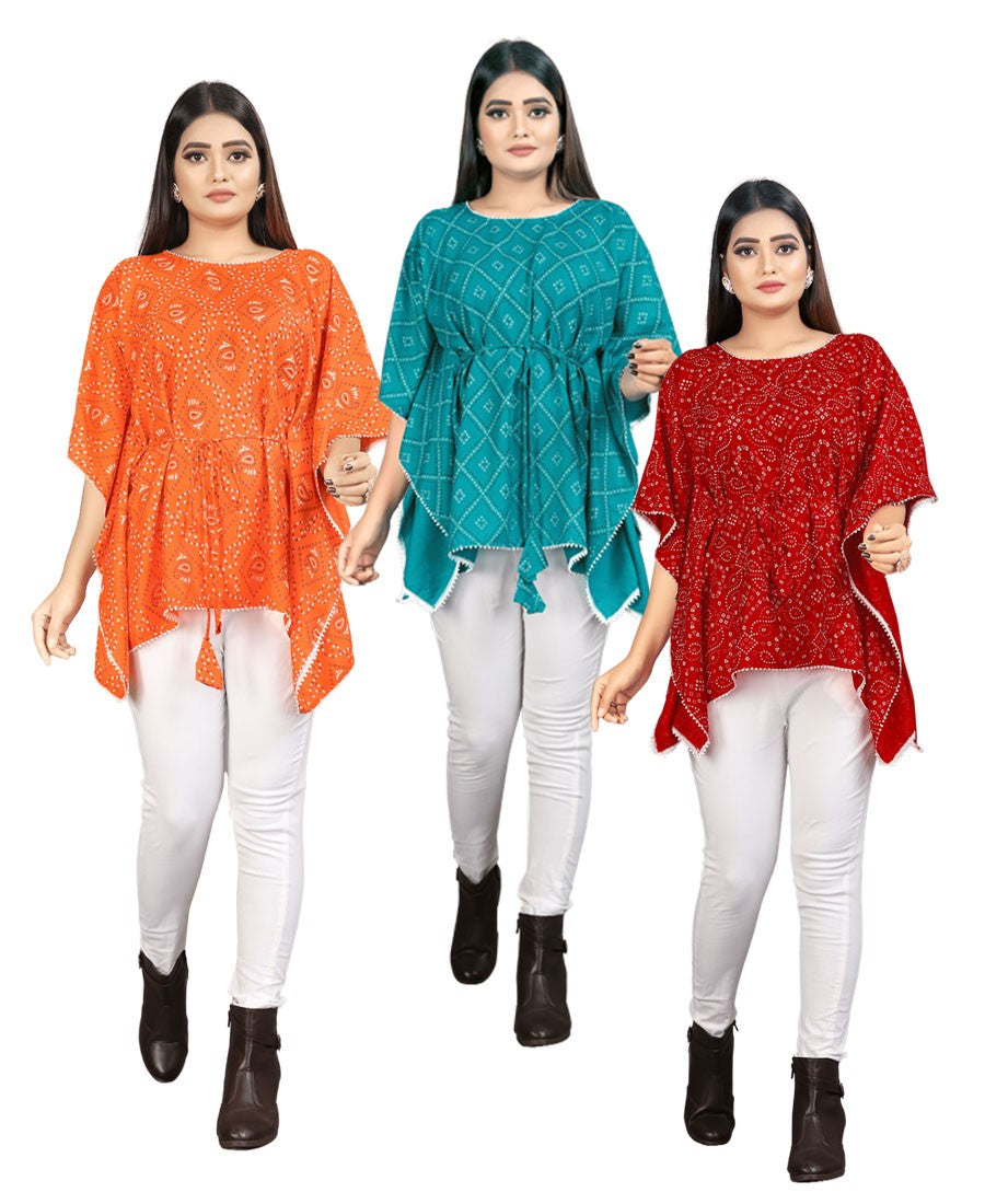 Combo of 3 Bandhani cotton Kaftan dress(Orange, Firozi, Red)