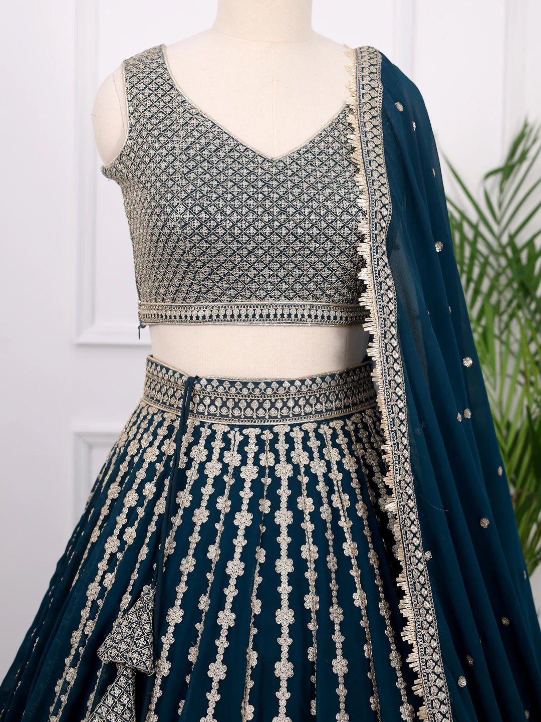 Bottle Green Georgette Lehenga Choli Featuring Zari & Sequins Detailing