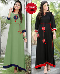 RE - Attractive green and black color rayon print stitched kurti - Pack of 2