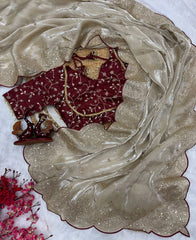 Designer Jimmy Choo Saree with Heavy Sequins Work & Stitched Blouse