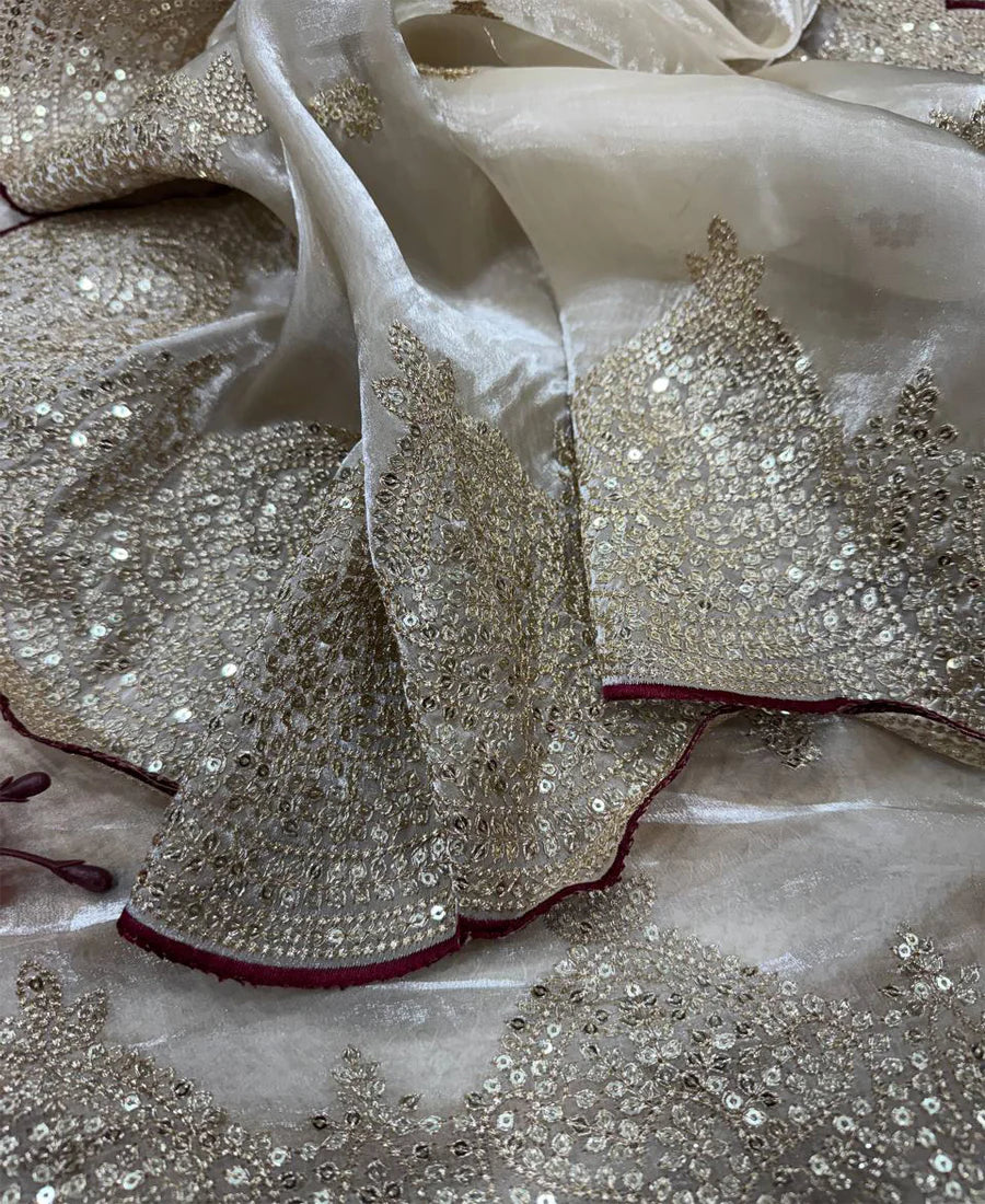 Designer Jimmy Choo Saree with Heavy Sequins Work & Stitched Blouse