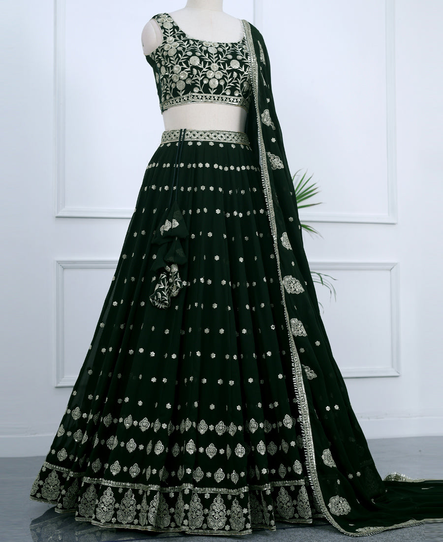 Dark Green Lehenga Choli – Semi-Stitched with Sparkling Sequins Embroidery