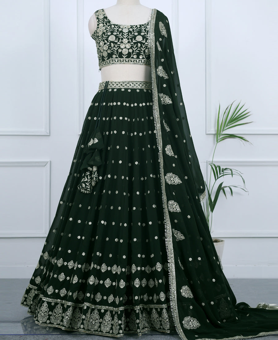 Dark Green Lehenga Choli – Semi-Stitched with Sparkling Sequins Embroidery