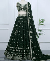 Dark Green Lehenga Choli – Semi-Stitched with Sparkling Sequins Embroidery