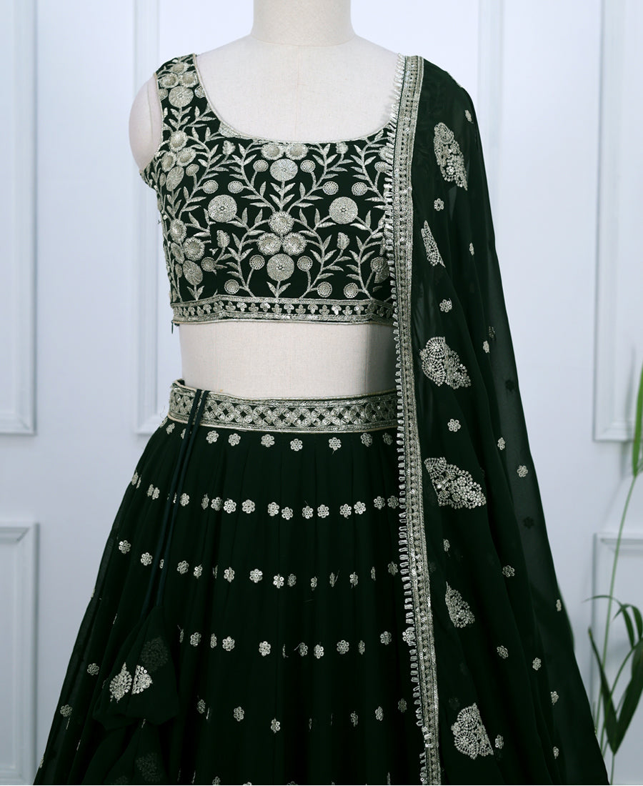 Dark Green Lehenga Choli – Semi-Stitched with Sparkling Sequins Embroidery