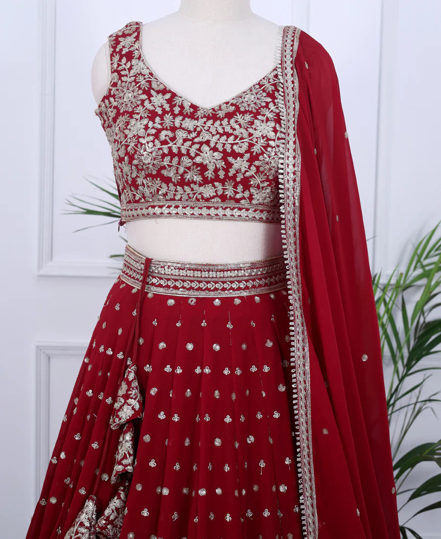 Red Color Georgette Sequins Embroidery Lehenga Choli