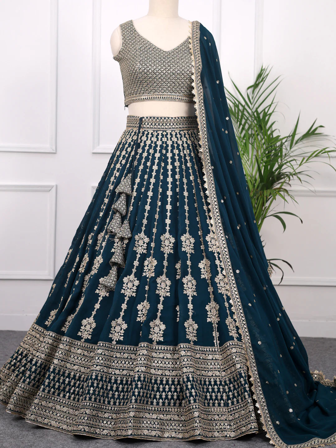 Bottle Green Georgette Lehenga Choli Featuring Zari & Sequins Detailing