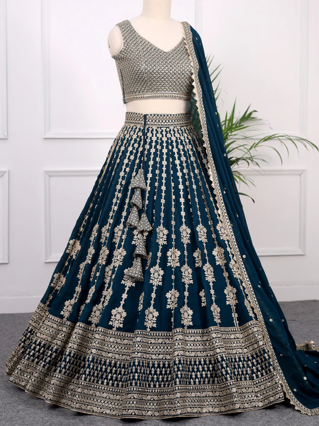 Bottle Green Georgette Lehenga Choli Featuring Zari & Sequins Detailing