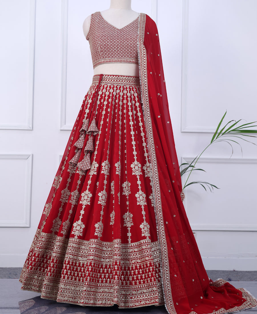 Red Designer Georgette Lehenga Choli Featuring Sequins & Cording Work