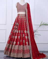 Red Designer Georgette Lehenga Choli Featuring Sequins & Cording Work
