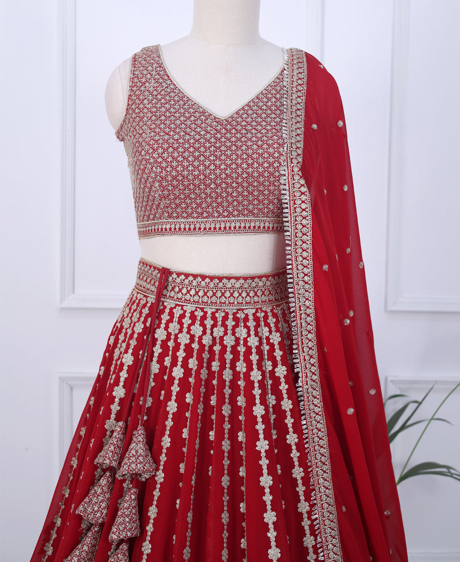 Red Designer Georgette Lehenga Choli Featuring Sequins & Cording Work
