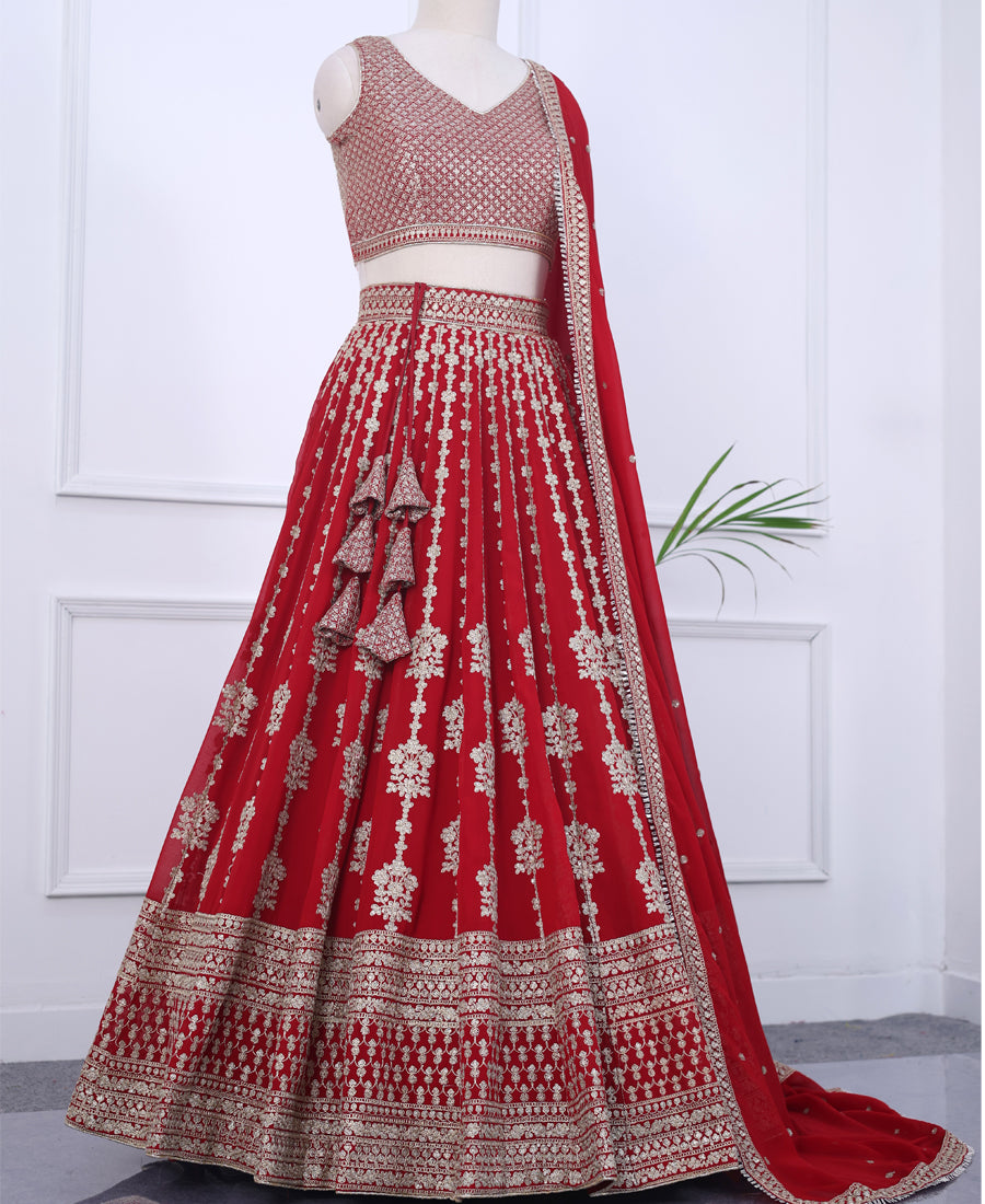 Red Designer Georgette Lehenga Choli Featuring Sequins & Cording Work