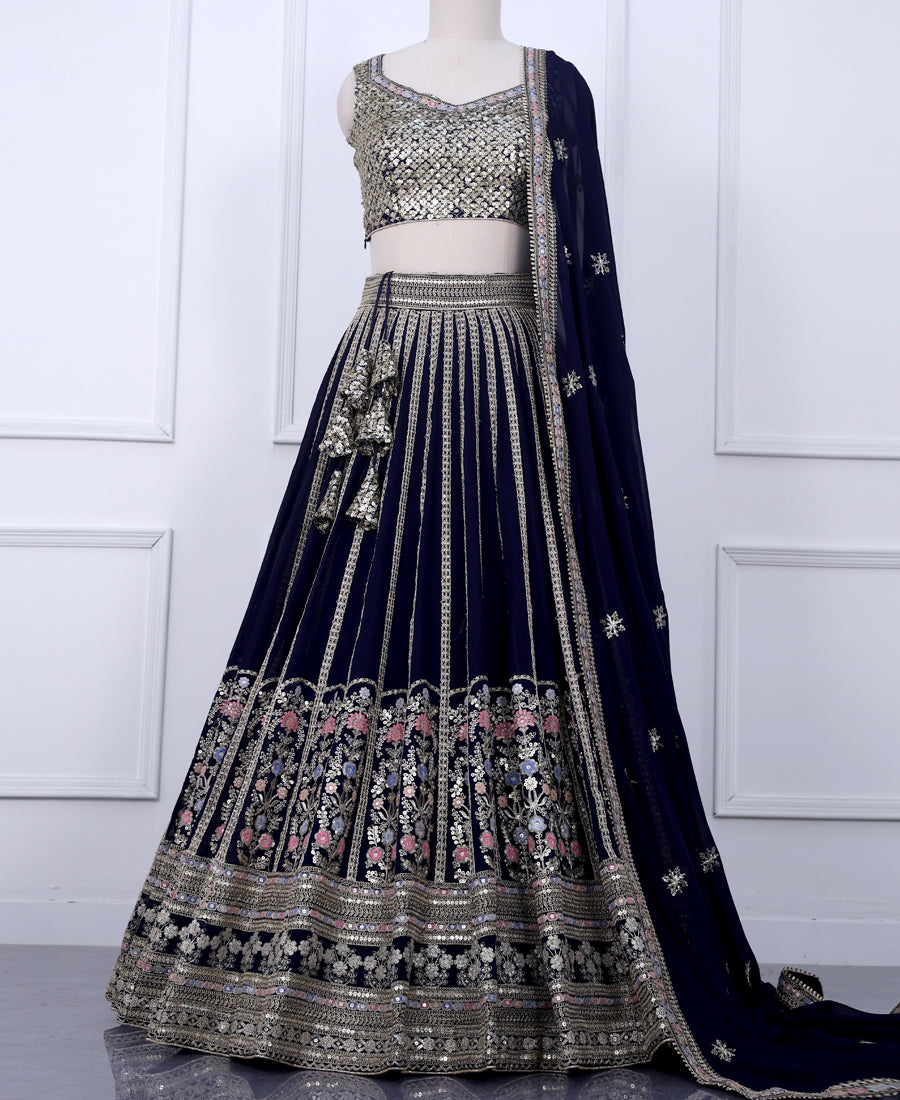 Navy Blue Designer Lehenga Choli Featuring Sequins and Cording Work