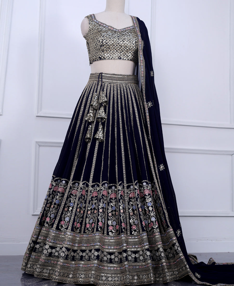 Navy Blue Designer Lehenga Choli Featuring Sequins and Cording Work