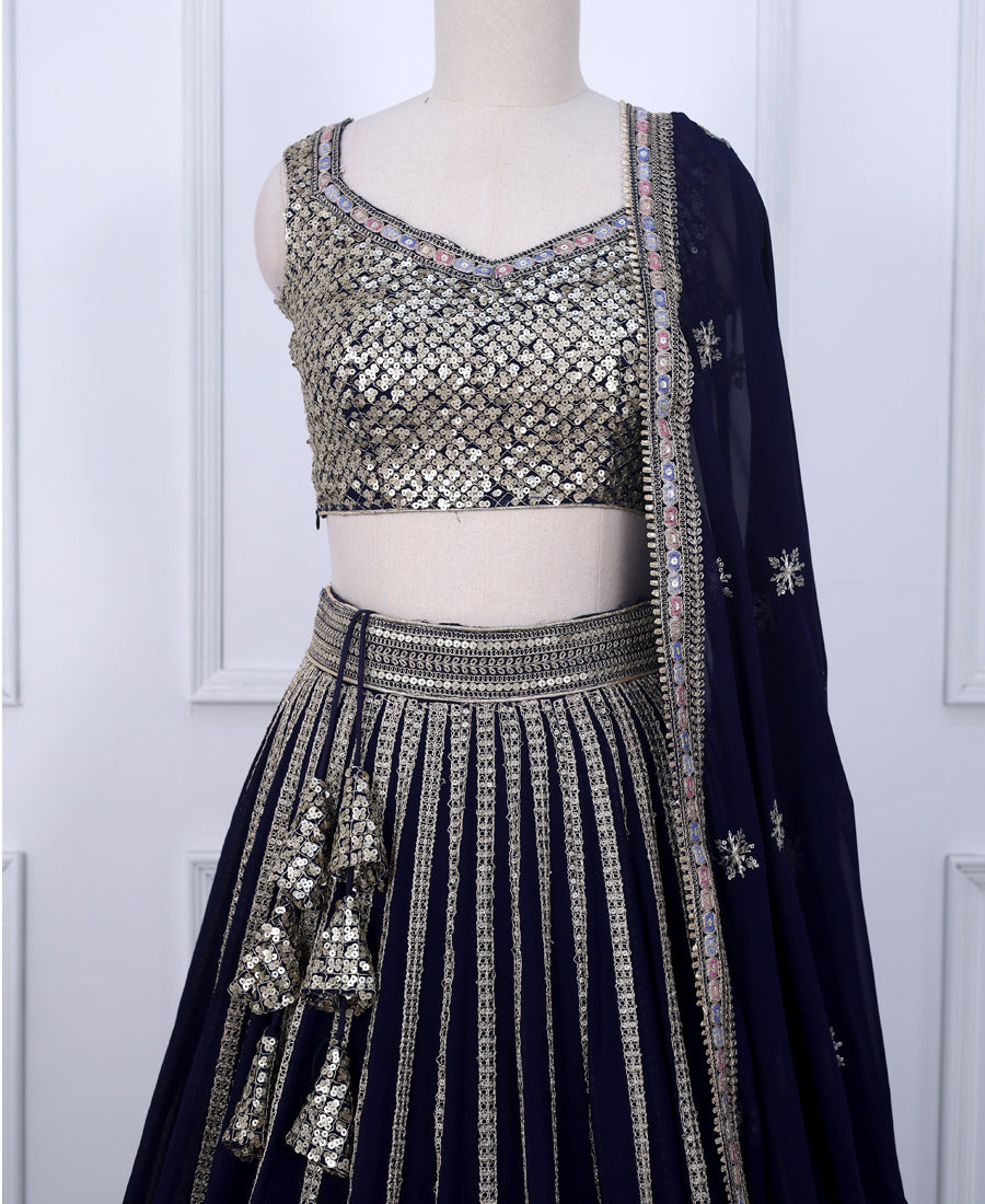 Navy Blue Designer Lehenga Choli Featuring Sequins and Cording Work