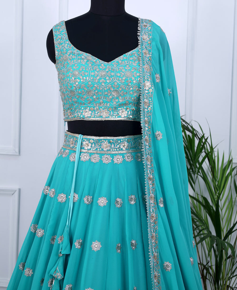 Pacific Blue Lehenga Choli Shimmering Sequins Detailing