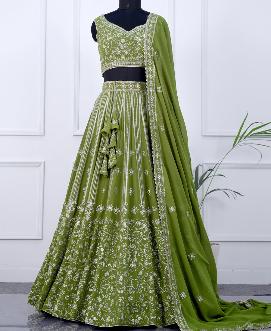 Green Georgette Semi-Stitched Lehenga Choli Featuring Sequin Work