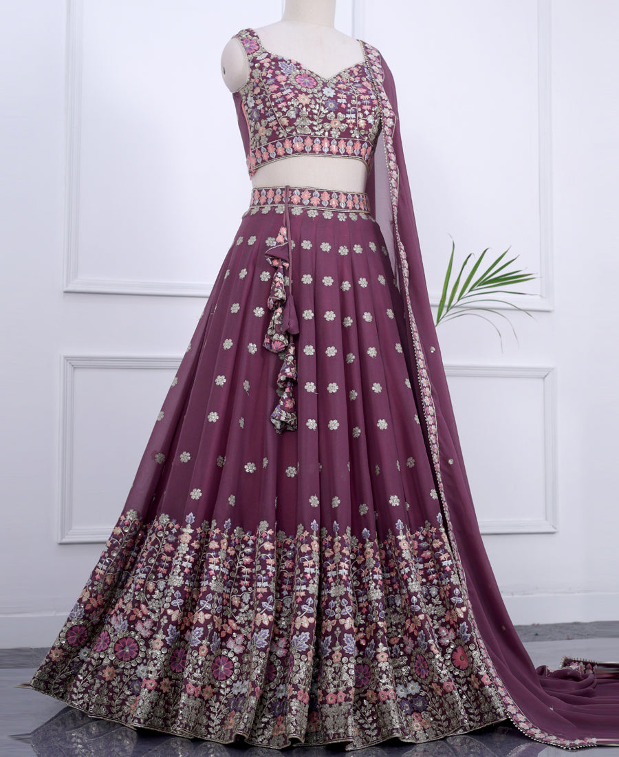 Party Wear Dusky Rose Georgette Semi-Stitched Lehenga Choli with Sequins Work