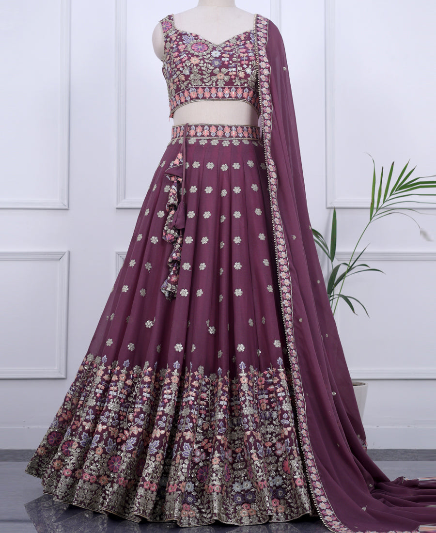 Party Wear Dusky Rose Georgette Semi-Stitched Lehenga Choli with Sequins Work