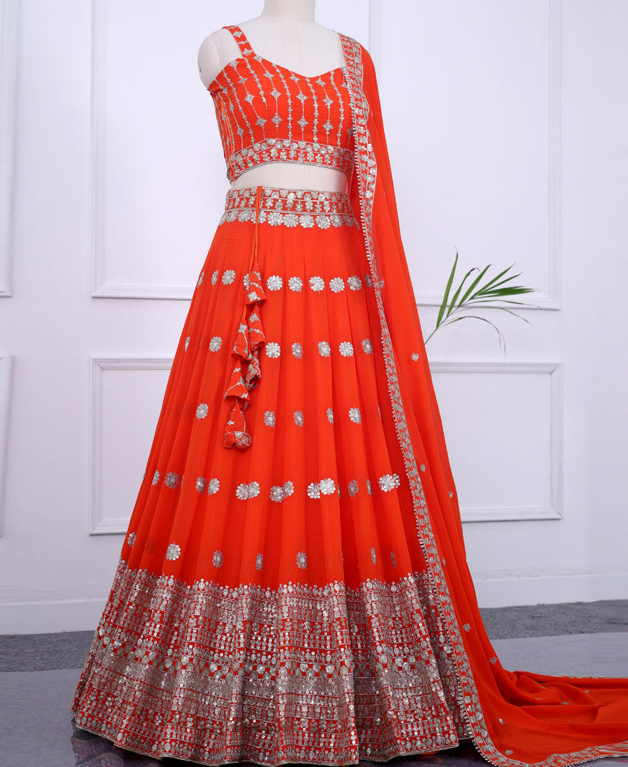 Orange Sequin-Embellished Georgette Lehenga Choli
