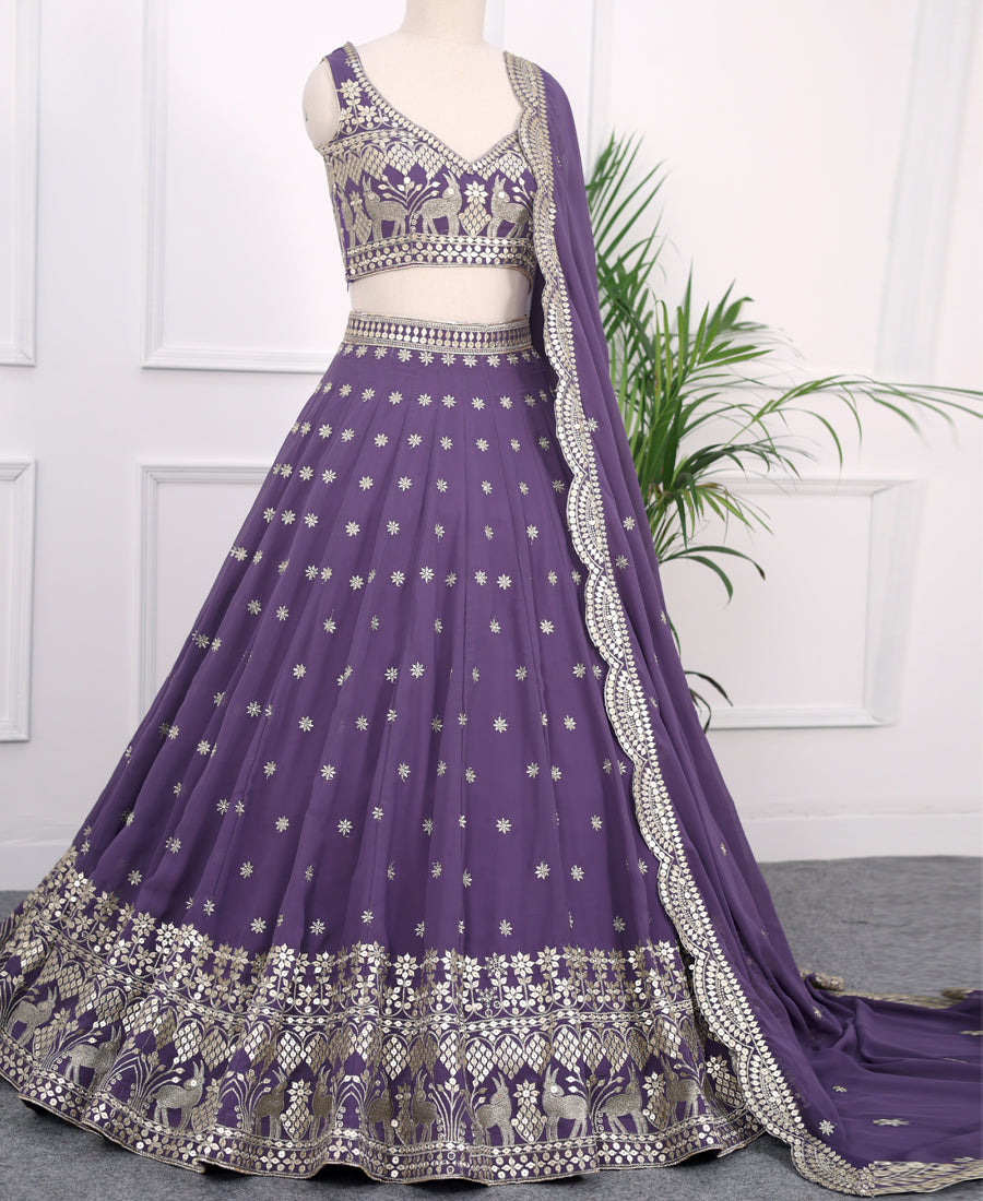 Designer Dark Lavender Sequins Work Georgette Lehenga Choli