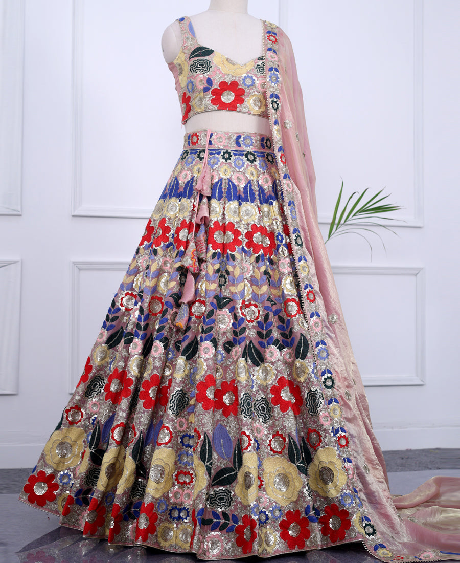 Multi-Color Fendi Fabric Lehenga Choli with Sequins & Thread Work