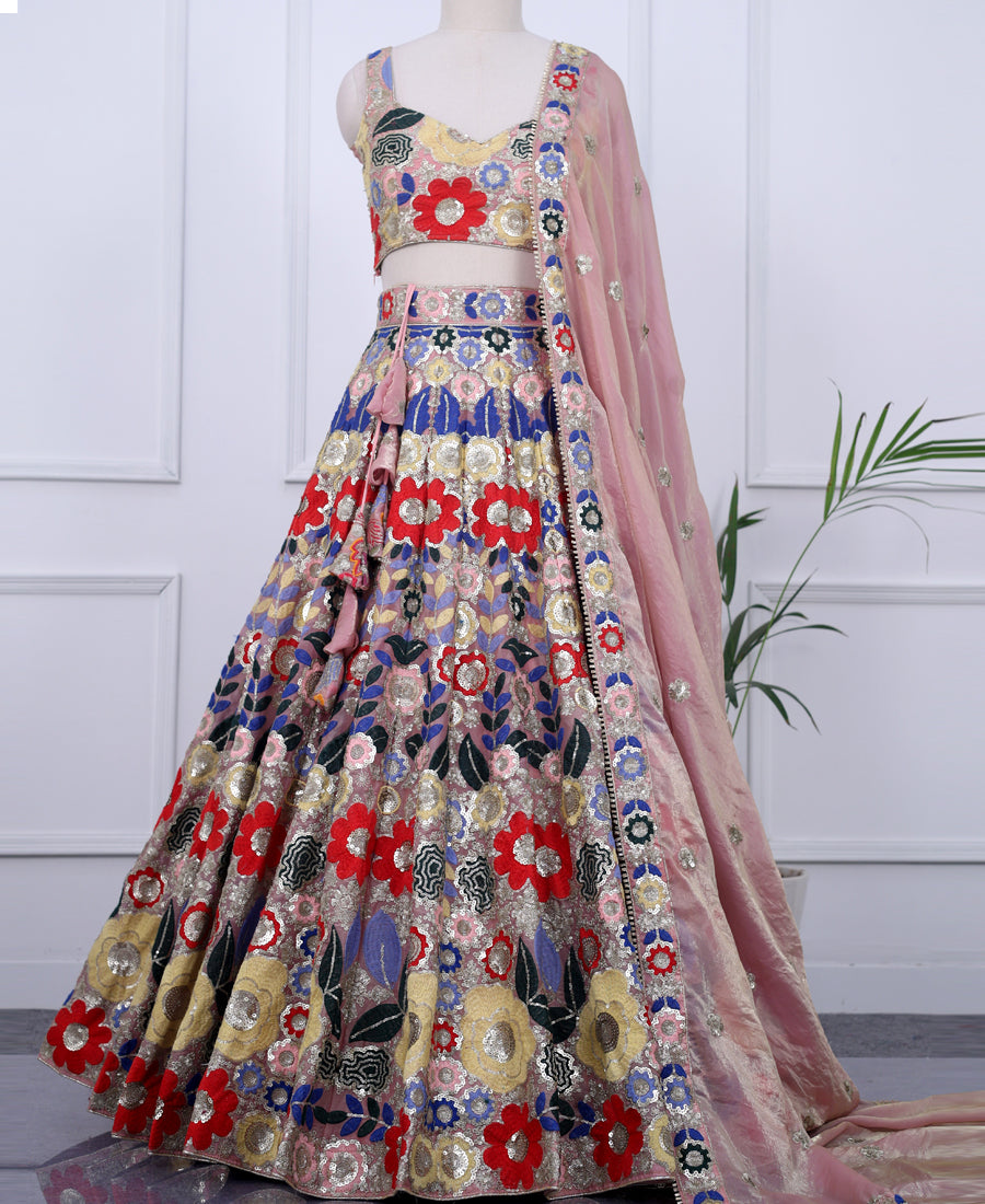 Multi-Color Fendi Fabric Lehenga Choli with Sequins & Thread Work