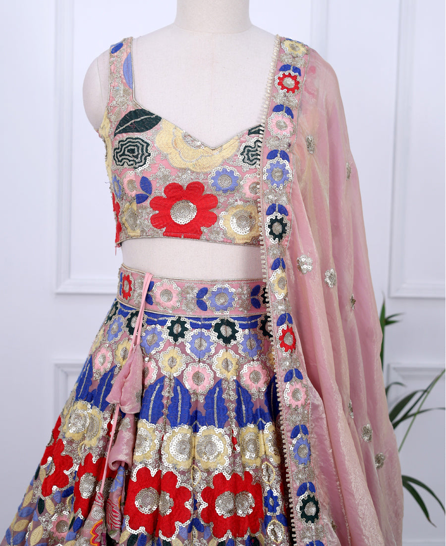 Multi-Color Fendi Fabric Lehenga Choli with Sequins & Thread Work