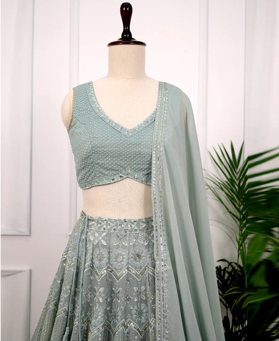 Jungle Mist Georgette Lehenga Choli with Sequins Work