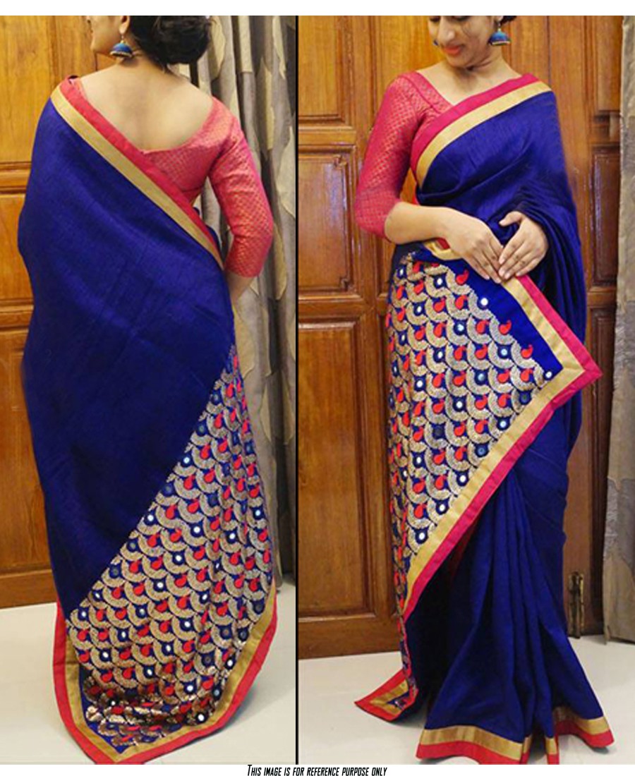 RE - Exclusive navy blue nylon silk thread work saree