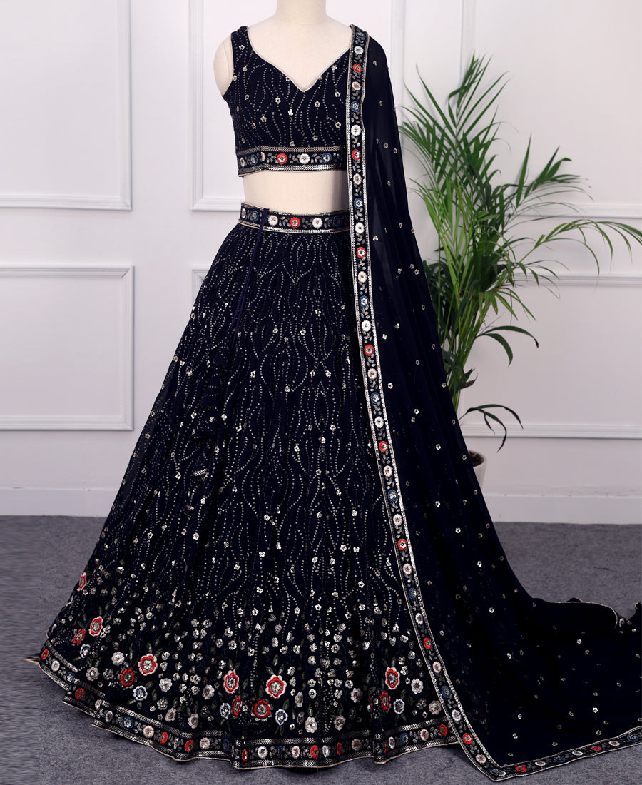 Navy Blue Georgette Lehenga Choli with Intricate Thread & Sequins Work
