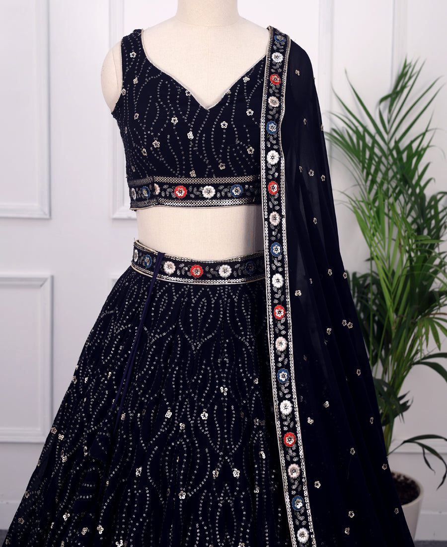 Navy Blue Georgette Lehenga Choli with Intricate Thread & Sequins Work