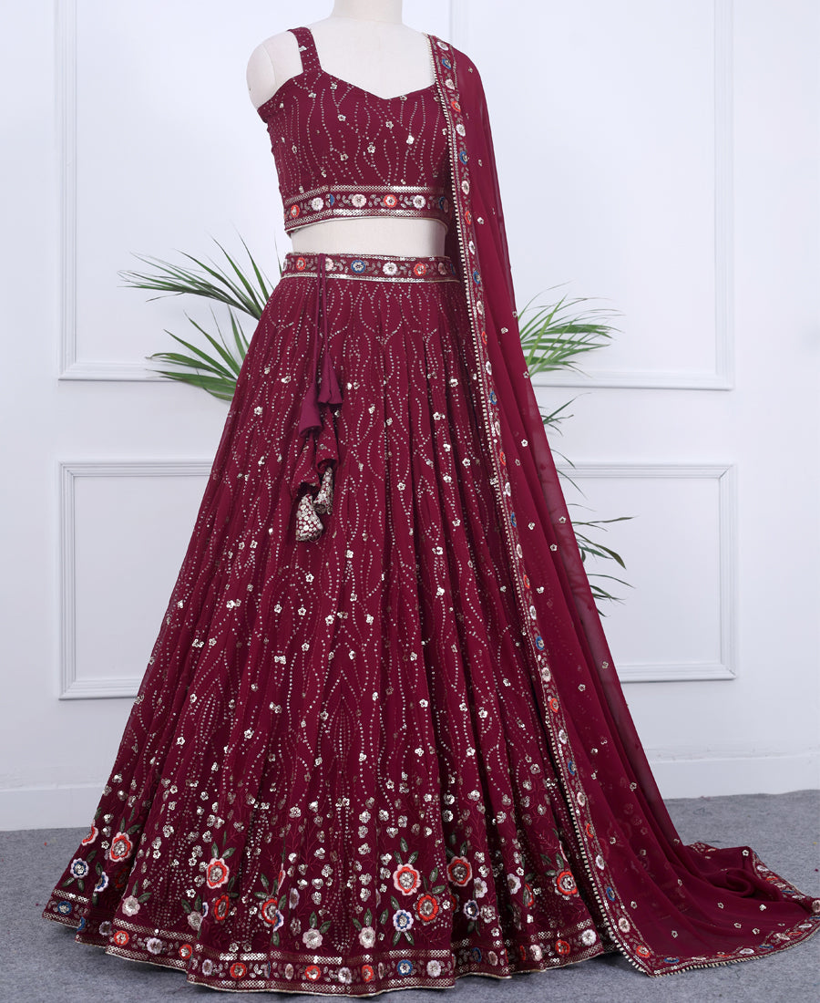 Designer Wine Berry Lehenga Choli with Intricate Sequins & Thread Embroidery