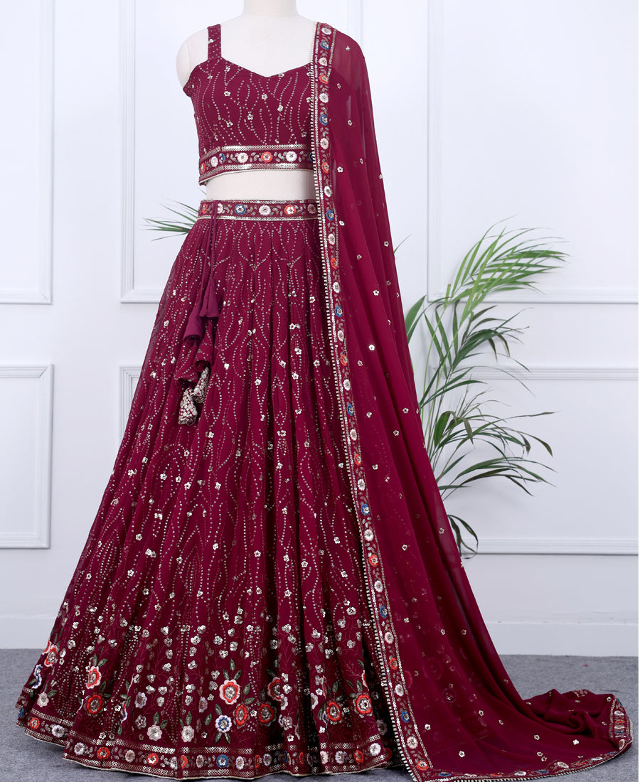Designer Wine Berry Lehenga Choli with Intricate Sequins & Thread Embroidery