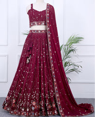 Designer Wine Berry Lehenga Choli with Intricate Sequins & Thread Embroidery