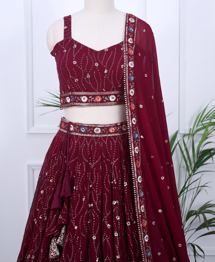 Designer Wine Berry Lehenga Choli with Intricate Sequins & Thread Embroidery