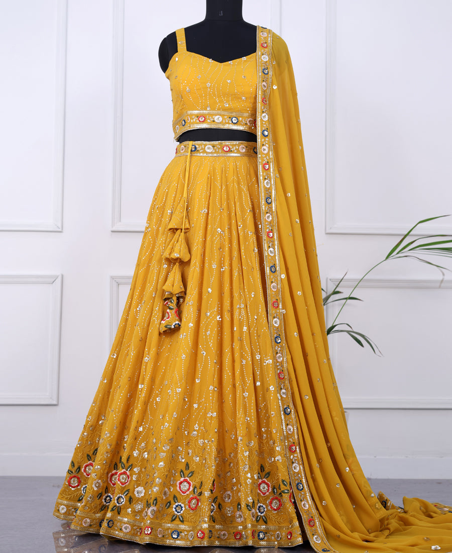 Yellow Lehenga Choli with Multi Sequins and Intricate Thread Work