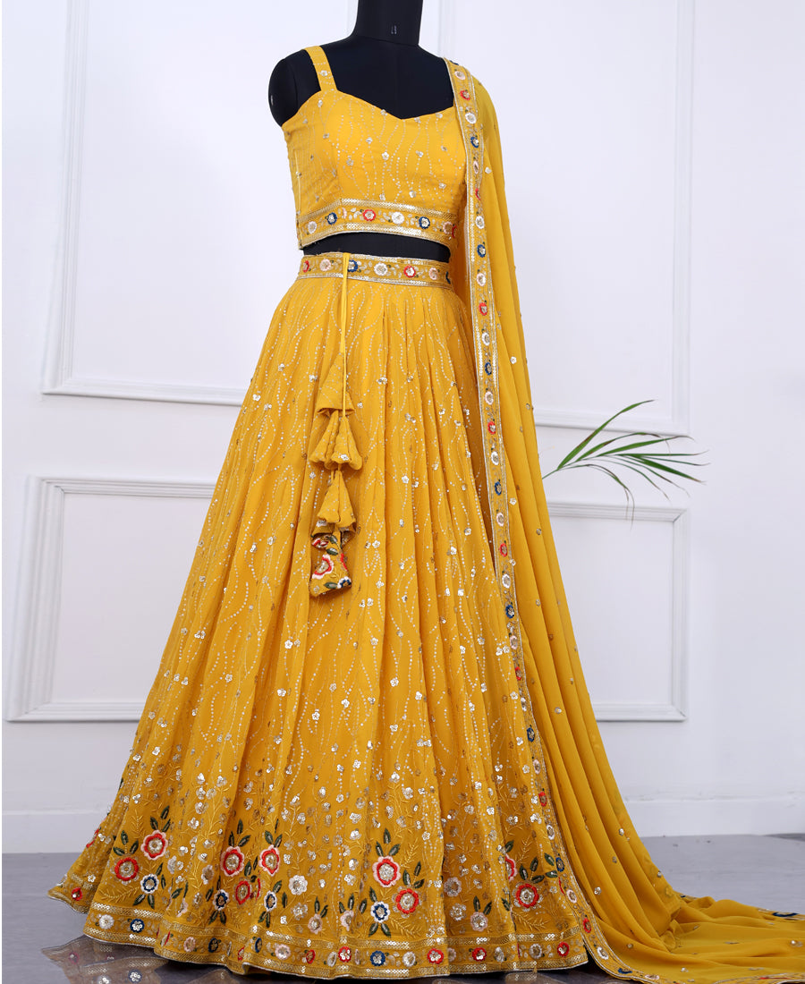 Yellow Lehenga Choli with Multi Sequins and Intricate Thread Work