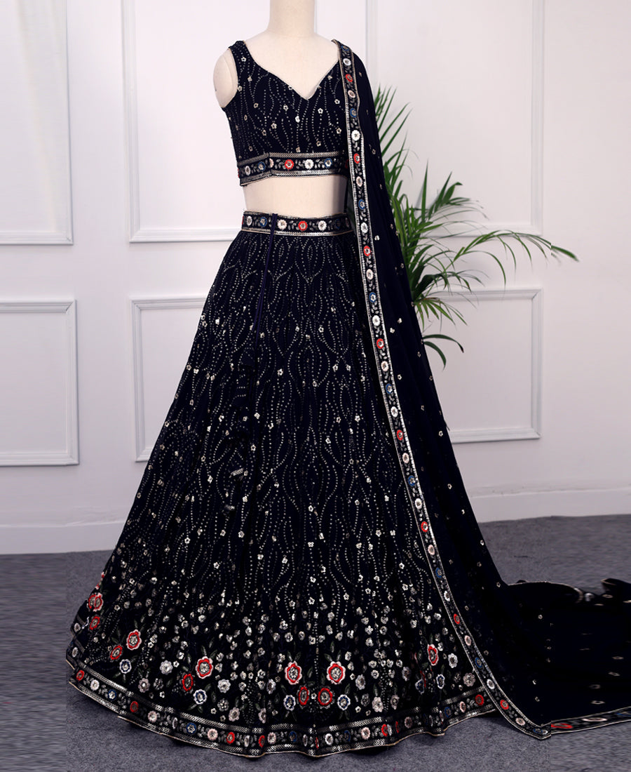 Navy Blue Georgette Lehenga Choli with Intricate Thread & Sequins Work