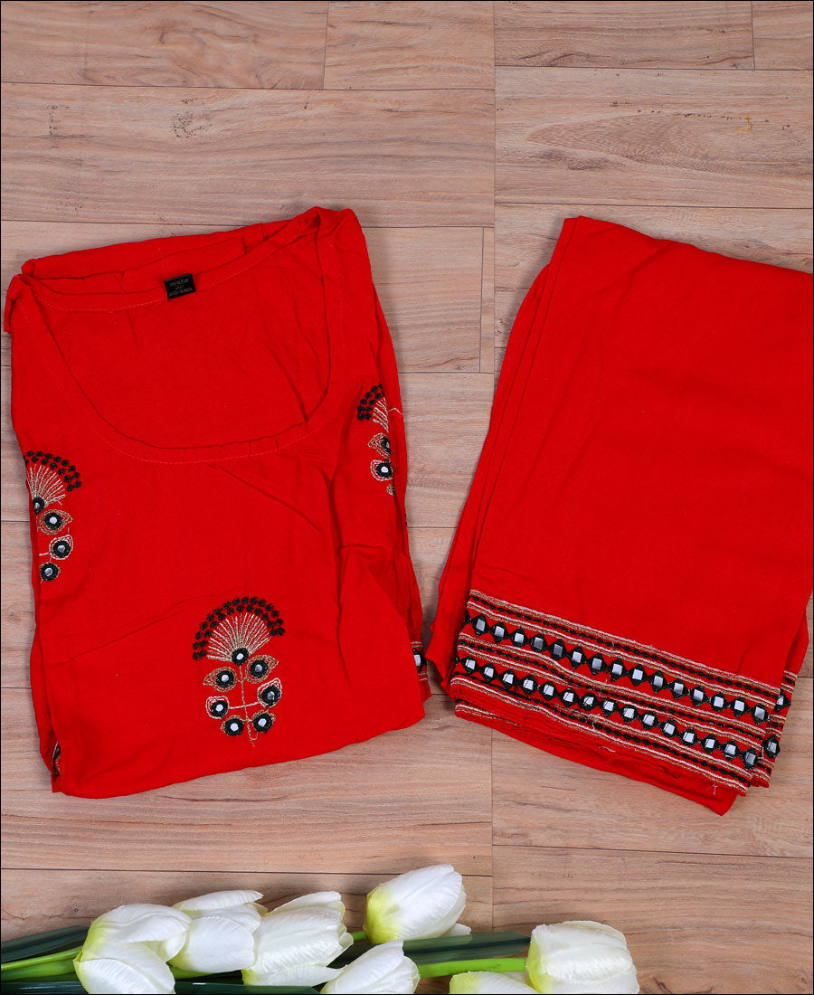 Red Rayon Embroidered Work Kurti Set