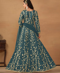 Aqua Blue Embroidered Butterfly Net Semi-Stitched Anarkali Salwar Suit