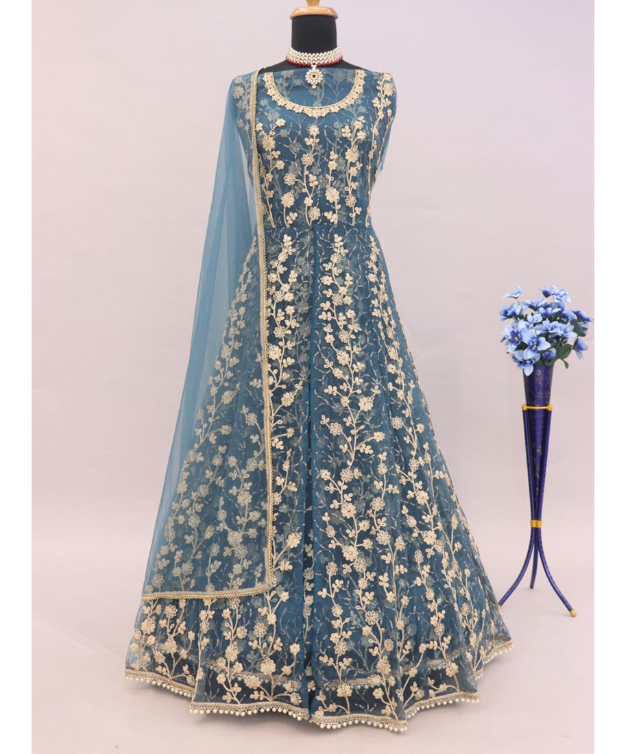 Aqua Blue Embroidered Butterfly Net Semi-Stitched Anarkali Salwar Suit