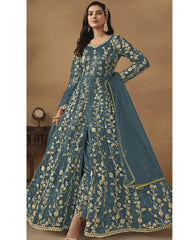 Aqua Blue Embroidered Butterfly Net Semi-Stitched Anarkali Salwar Suit